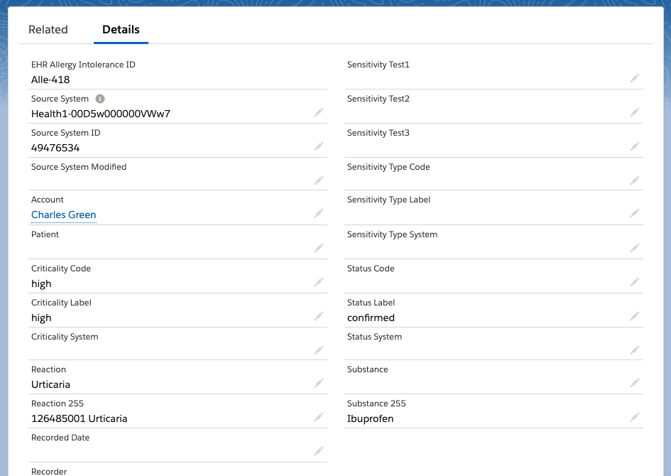 Allergyintolerance in Salesforce Health Cloud UI View